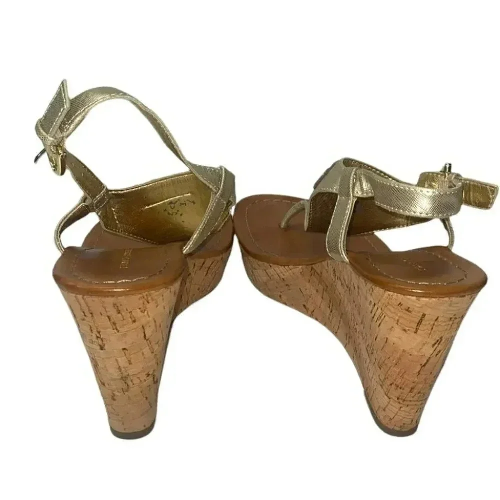 Tommy Hilfiger Wedge Sandals 8M Gold Cork Platform Thong‎ Slingback Buckle